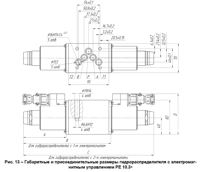 Габаритные и присоединительные размеры гидрораспределителя с электромагнитным управлением РЕ 10.3*
