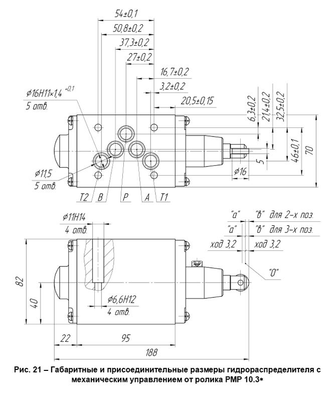 Габаритные и присоединительные размеры гидрораспределителя с механическим управлением от ролика РМР 10.3*